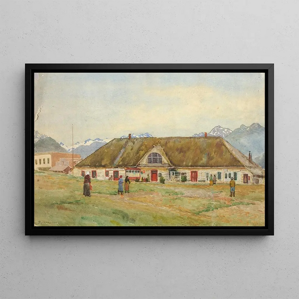 Russian Sitka antique trading post painting - Theodore J. Richardson — framed artwork on a wall