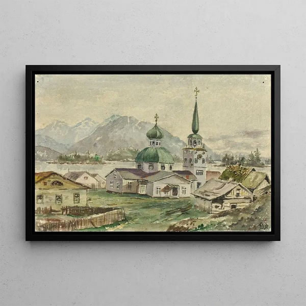 the Rear View of the Greek Church in Sitka 1888 - Theodore J. Richardson — framed artwork on a wall
