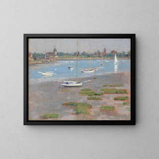 Low tide at Riverside Yacht Club - Theodore Robinson — framed artwork on a wall