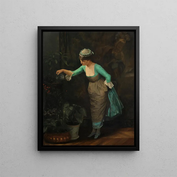 Woman watering flowers - Theodoros Ralli — framed artwork on a wall