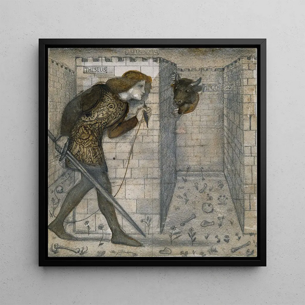 Thésée et le Minotaure dans le labyrinthe - Sir Edward Coley Burne-Jones — framed artwork on a wall