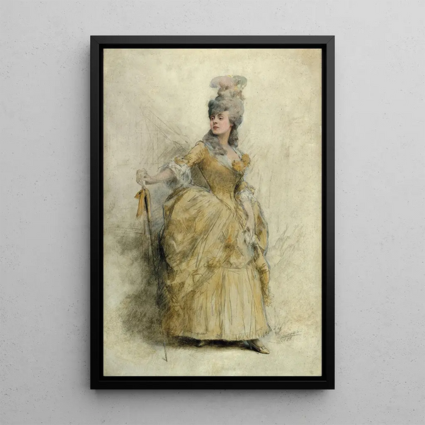 Portrait Painting of Réjane 1856-1920 in stage costume - Théobald Chartran — framed artwork on a wall