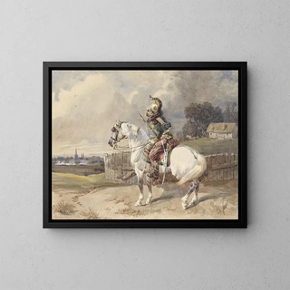 French Dragon Tree painting on a white horse seen from the left profile - Théodore Fort — framed artwork on a wall