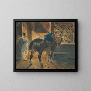 Horse-drawn carriage at the stables - Théodore Géricault — framed artwork on a wall