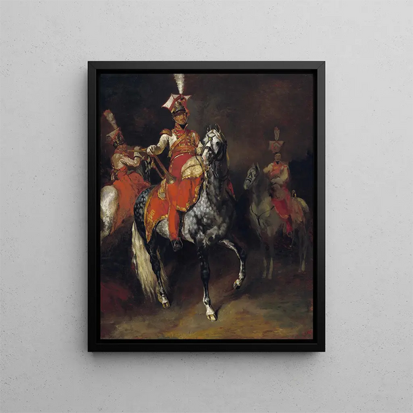 Horse-mounted Trumpeters of the Imperial Guard of Napoleon - Théodore Géricault — framed artwork on a wall