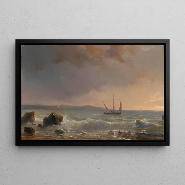 Ambiance du soir sur un paysage marin avec voiliers - Théodore Gudin — framed artwork on a wall