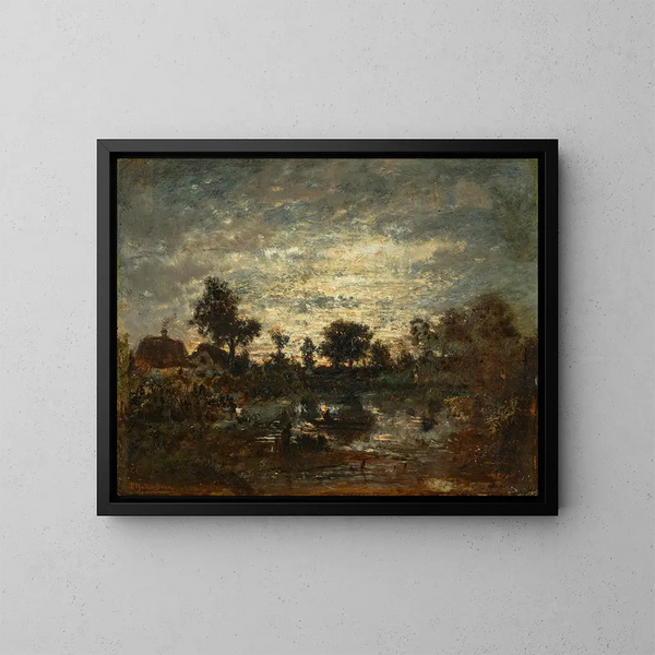 L'étang au coucher de soleil - Théodore Rousseau — framed artwork on a wall