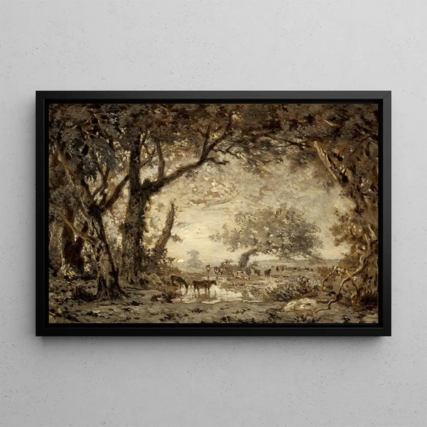 Sunset from Fontainebleau Forest - Théodore Rousseau — framed artwork on a wall