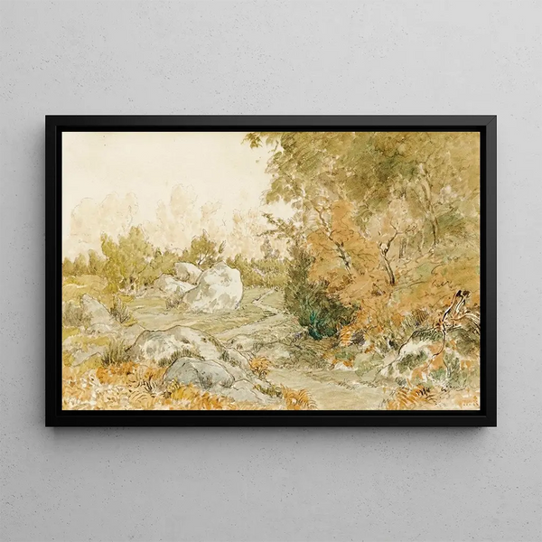La route de Paris dans la forêt de Fontainebleau - Théodore Rousseau — framed artwork on a wall