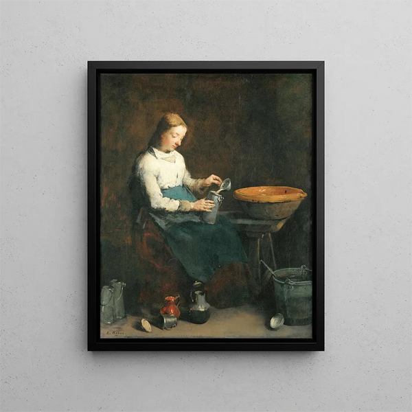Woman pouring milk - Théodule Ribot — framed artwork on a wall