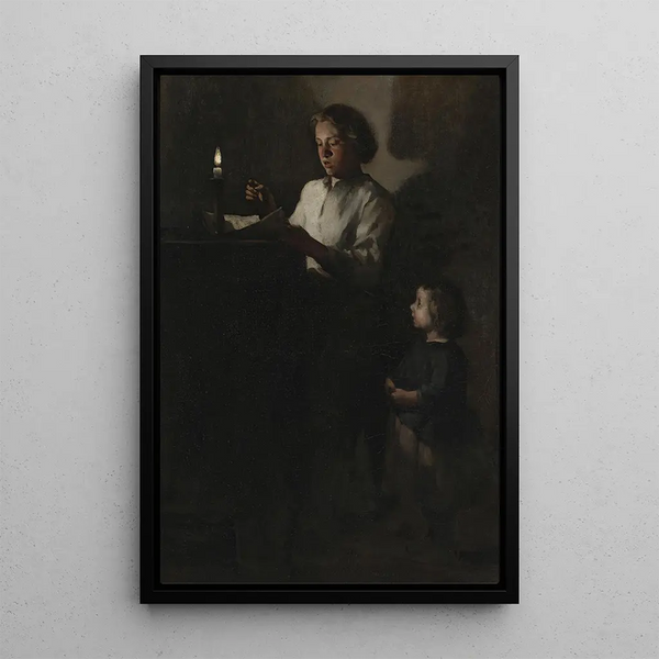 Reading by candlelight - Théodule Ribot — framed artwork on a wall