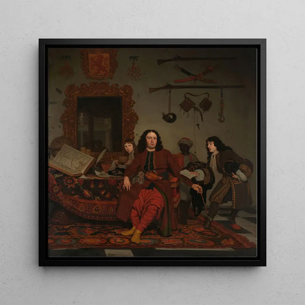 Thomas Hees and his servant Thomas and the nephews Jan and Andries Hees - Michiel Van Musscher — framed artwork on a wall