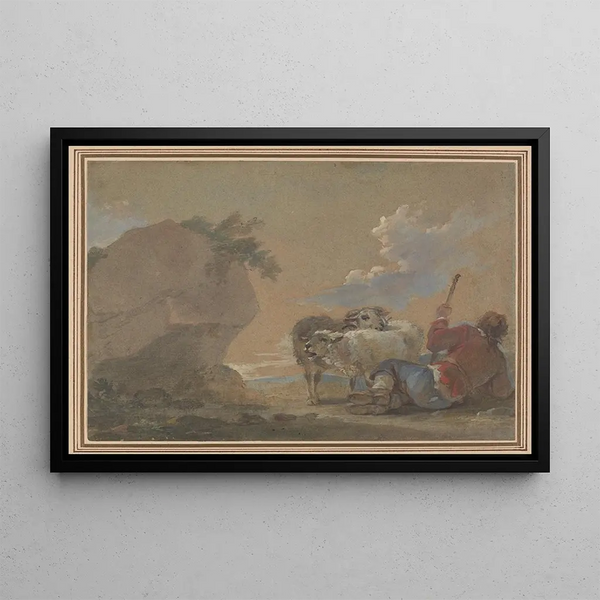 Landscape Painting with Shepherd and Sheep - Thomas Barker — framed artwork on a wall
