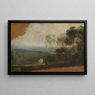 Landscape painting with lake and livestock - Thomas Barker de Bath — framed artwork on a wall