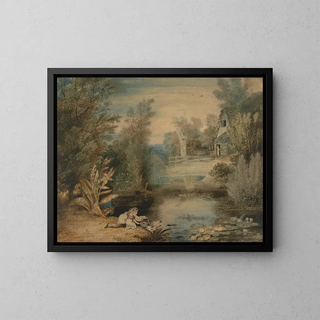 My father feeding ducks drawn by his father - Thomas Baxter — framed artwork on a wall