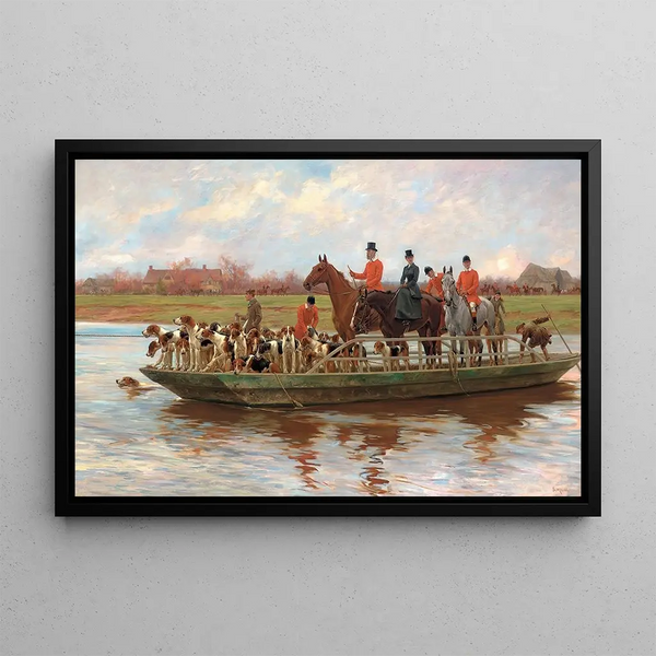 M. Edward Lycett Green and the dogs of York and Ainsty on the ferry at Newby - Thomas Blinks — framed artwork on a wall