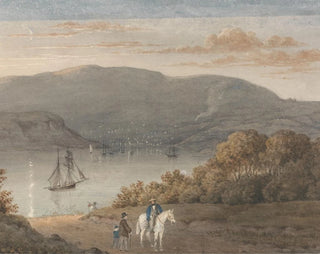 Port-Louis from La Petite Montagne at dusk with a rider and figures in the foreground - Thomas Bradshaw — artwork view