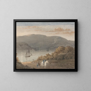 Port-Louis from La Petite Montagne at dusk with a rider and figures in the foreground - Thomas Bradshaw — framed artwork on a wall
