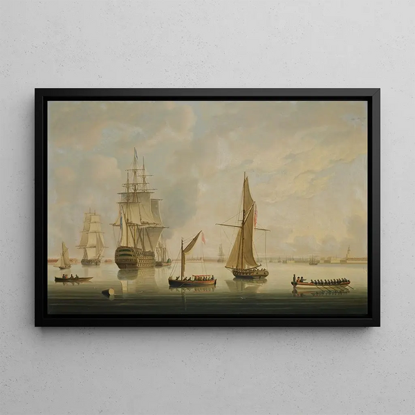A British warship being towed into Portsmouth harbor by a steam tug - Thomas Buttersworth — framed artwork on a wall