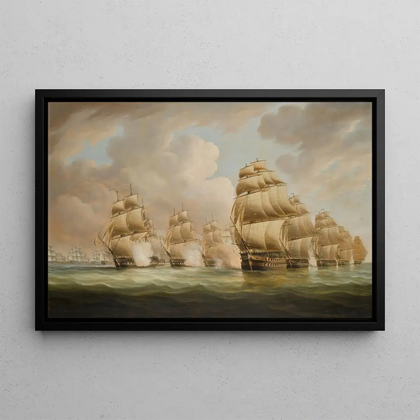 L'action du commodore Dance et du comte de Linois au large du détroit de Malacca, 15 février 1804 - Thomas Buttersworth — framed artwork on a wall
