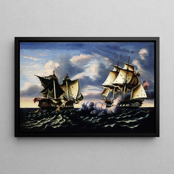 the Capture of the frigate HBM Macedonian by the American frigate United States, October 25, 1812 - Thomas Chambers — framed artwork on a wall