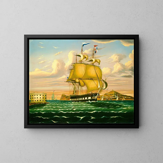 a steamship passing Williams Castle in New York Harbor - Thomas Chambers — framed artwork on a wall