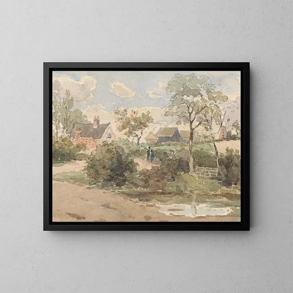 Rural landscape painting with cottage, windmill, barns, and figures with pond in the foreground - Thomas Churchyard — framed artwork on a wall
