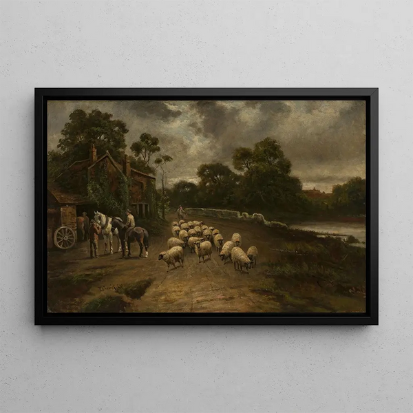Scene of genre with a flock of sheep - Thomas Creswick — framed artwork on a wall