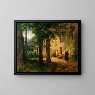 Prayer near a sacred spring, landscape with fountain - Thomas Ender — framed artwork on a wall