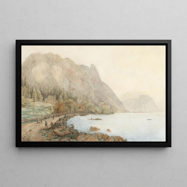 the Attersee motif with the Höllengebirge and staffage figures - Thomas Ender — framed artwork on a wall