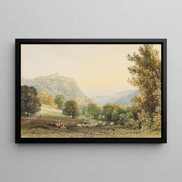 View of the Leopoldsberg with women resting and sheep in the foreground - Thomas Ender — framed artwork on a wall