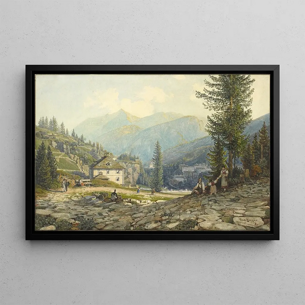 View of the Residence of Archduke Johann at the Gastein Thermal Springs - Thomas Ender — framed artwork on a wall