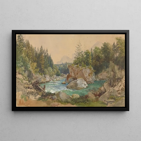 Landscape with wooded river in the Alps - Thomas Ender — framed artwork on a wall
