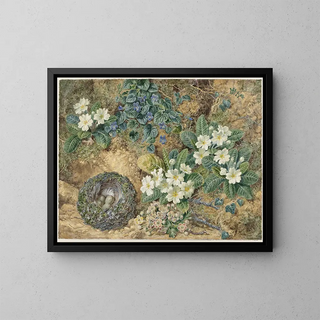 Nature morte avec un nid d'oiseaux, des violettes, des primevères et des fleurs de pommier - Thomas Frederick Collier — framed artwork on a wall