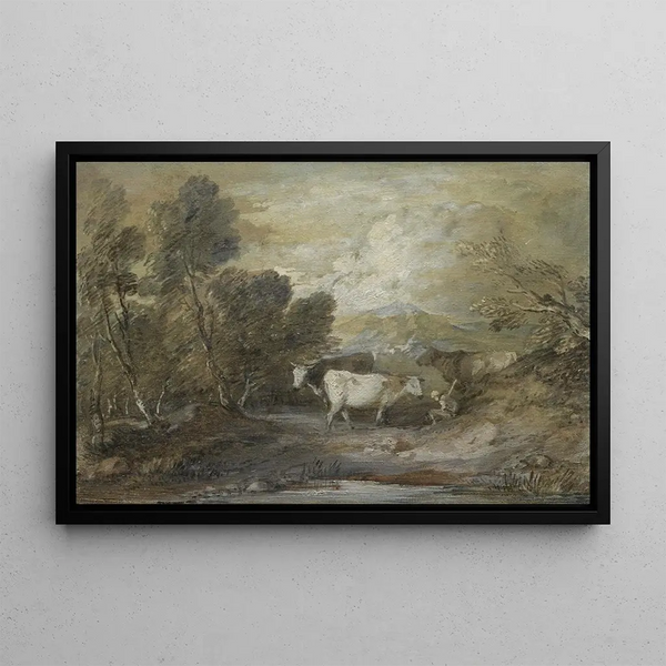 a Shepherd with Three Cows near a Mountain Pond - Thomas Gainsborough — framed artwork on a wall