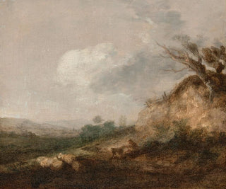 a painting of a shepherd and his dog in a landscape, his flock resting near a dune in the foreground - Thomas Gainsborough — artwork view