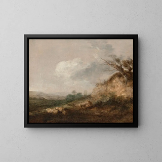 a painting of a shepherd and his dog in a landscape, his flock resting near a dune in the foreground - Thomas Gainsborough — framed artwork on a wall