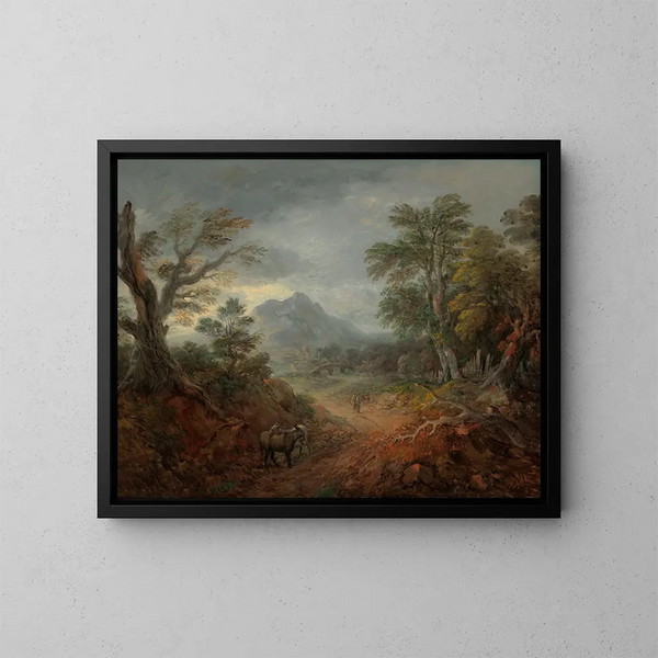 A wooded landscape with donkeys and characters on a path - Thomas Gainsborough — framed artwork on a wall
