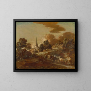 an imaginary wooded village with cattle drivers and livestock - Thomas Gainsborough — framed artwork on a wall