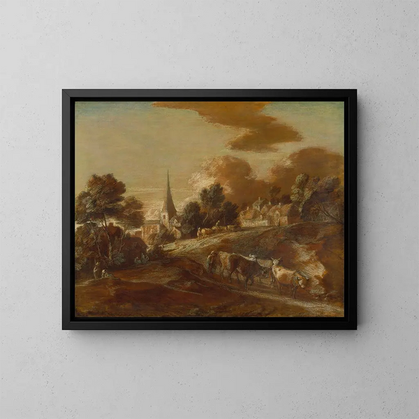 an imaginary wooded village with cattle drivers and livestock - Thomas Gainsborough — framed artwork on a wall