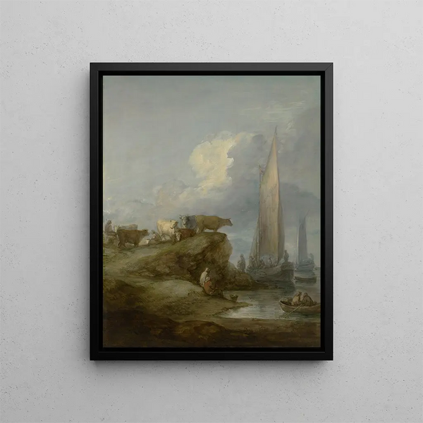 Coastal scene painting with ships and livestock - Thomas Gainsborough — framed artwork on a wall