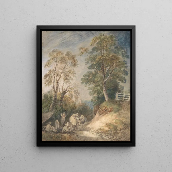 Path through the countryside with gypsies at rest - Thomas Gainsborough — framed artwork on a wall