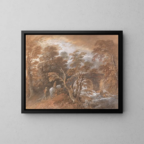 Landscape painting with figures approaching a bridge - Thomas Gainsborough — framed artwork on a wall