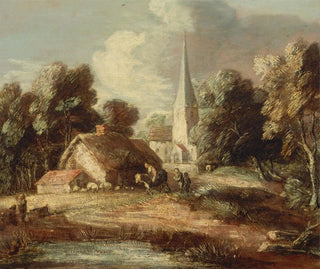 Landscape with a Cottage and a Church - Thomas Gainsborough — artwork view