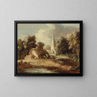 Landscape with a Cottage and a Church - Thomas Gainsborough — framed artwork on a wall