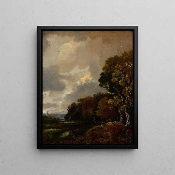 Landscape painting with trees and a field, a church steeple in the distance - Thomas Gainsborough — framed artwork on a wall
