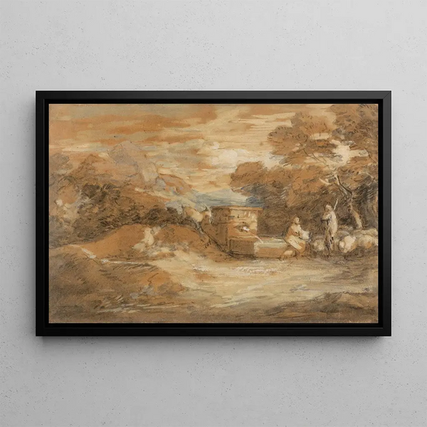 Mountain landscape painting with figures, sheep, and fountain - Thomas Gainsborough — framed artwork on a wall