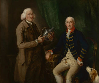Portrait painting of William Anne Hollis, 4th Earl of Essex, presenting a cup to Thomas Clutterbuck of Watford - Thomas Gainsborough — artwork view