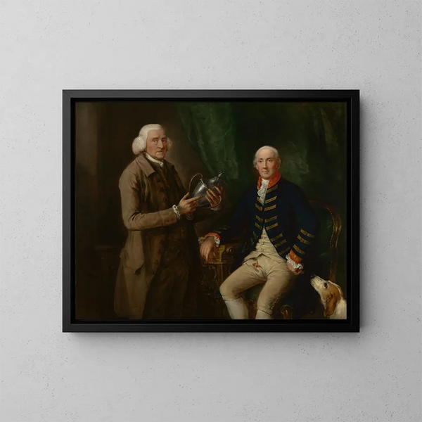 Portrait painting of William Anne Hollis, 4th Earl of Essex, presenting a cup to Thomas Clutterbuck of Watford - Thomas Gainsborough — framed artwork on a wall