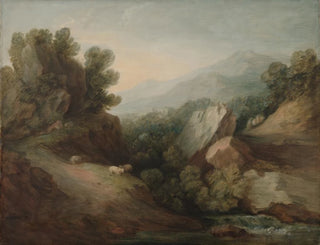 Landscape painting of wooded rocky terrain with a valley and a spillway - Thomas Gainsborough — artwork view